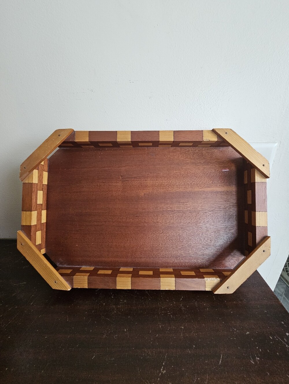 Vintage Handmade Mixed Wood Serving Tray Brick Pattern Parquet Rim MCM